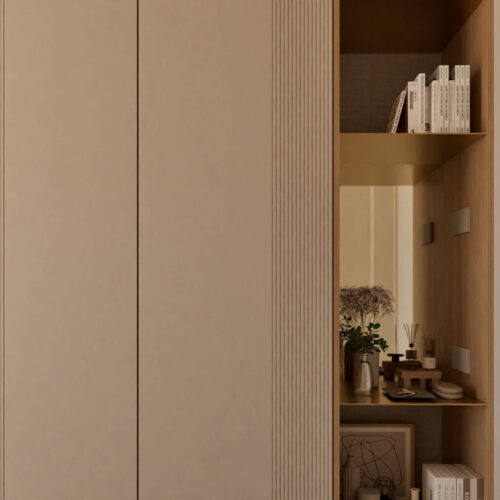 Dettaglio di fresature su mobili in legno progettati su misura per appartamento a Rimini.